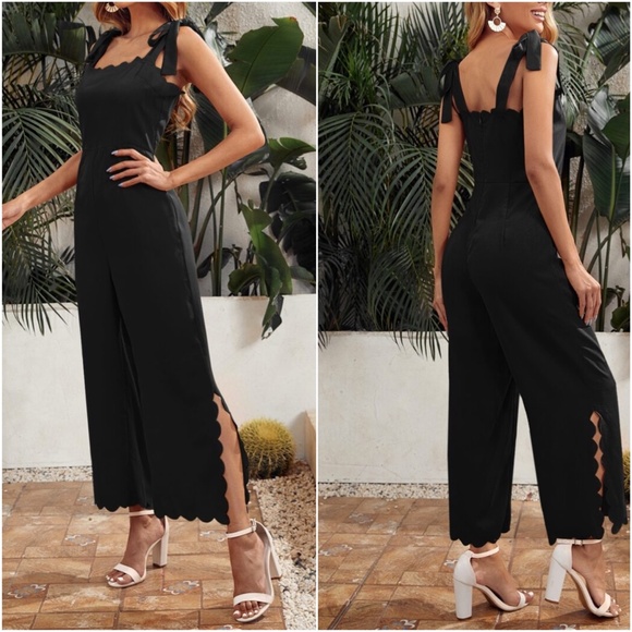 Boho Black Scallop Split Leg Jumpsuit Casual - Picture 2 of 3